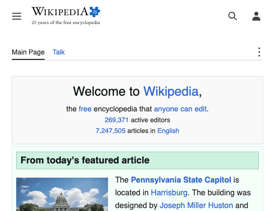 Wikipedia main page without research guidance.